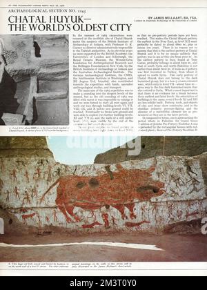 Catalhoyuk (Catal Hoyuk e Catal Huyuk) - un insediamento proto-cittadino molto grande neolitico e calcolitico nell'Anatolia meridionale, che esisteva da circa il 7100 a.C. al 5700 a.C., e fiorì intorno al 7000 a.C. Livello XII e Santuario di livello VIII (foto in alto) e lo spettacolare Santuario della Bolla, la parete nord (con un drammatico dipinto che mostra i cacciatori neolitici che attaccano un'aurocho) di livello V. articolo di James Mellaart, docente di Archeologia Anatolica all'Università di Londra. Foto Stock