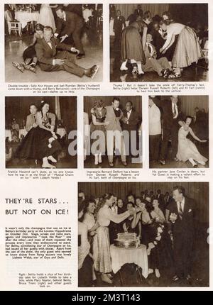 Pagina dallo schizzo che riporta la festa di compleanno di Belita (Maria Belita Jepson-Turner) all'Ippodromo di Londra, al momento in cui stava recitando lo spettacolo 'Champagne on Ice'. La vecchia arena dell'Hippodrome è stata trasformata in una pista per lo spettacolo, e la festa ha avuto luogo sul ghiaccio, con varie celebrità tra cui Frankie Howerd, Lizbeth Webb, Terry Thomas e Bernard Delfont affrontare la sfida del pattinaggio con vari gradi di successo. Foto Stock