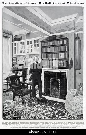 Sir Thomas Henry Hall Caine (1853 - 1931), scrittore, raffigurato in un'affascinante sala delle arti e dell'artigianato a casa sua a Wimbledon. Parte di una serie nel Tatler di fotografie di figure letterarie in casa. Foto Stock