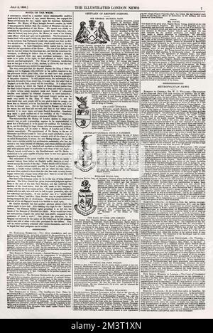 Tutta la pagina del Notiziario illustrato di Londra, 5 luglio 1856. Note della settimana, obituari di eminenti persone e Metropolitan News. Data: 1856 Foto Stock
