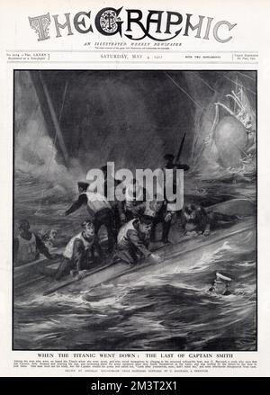 Quando il Titanic scese: L'ultimo del Capitano Smith. Tra gli uomini che erano a bordo del Titanic quando scese, e che si salvarono aggrappandosi alla barca rovesciata, c'era C. Maynard, una cuoca, Chi dice che il Capitano, vestito completamente e con la sua cuffia, nuotava per qualche istante dopo essersi ritrovati in acqua, e fu invitato dagli altri sulla barca a unirsi a loro. Un uomo teneva la mano, ma il Capitano si sfugge alla sua presa e chiamò: "Guardati, uomini, non mi dispii", e subito dopo scomparve dalla vista. Foto Stock