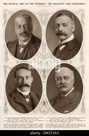 Il lato musicale del matrimonio: L'organista e i compositori. In alto a sinistra, Sir Charles Stanford, la cui musica processionale da 'Drake' è stata suonata durante la processione della Regina e degli ospiti reali. In alto a destra, il Dr. W. G. Alcock, l'organista alla cerimonia nuziale, che ha suonato la sua 'Marche Triomphale' durante la processione dello sposo. In basso a sinistra, Sir Edward Elgar, la cui 'marcia Imperiale' fu la prima composizione suonata dopo che la maggior parte degli ospiti si erano riuniti. In basso a destra, Sir Hubert Parry, la cui marcia Foto Stock