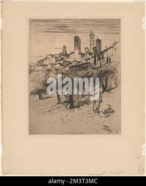 San Gimignano , Città e paesi, Torri, alberi. Joseph Pennell (1857-1926). Stampe e disegni Foto Stock