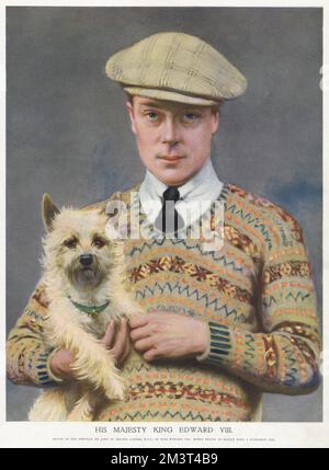 Re Edoardo VIII, dipinto quando Principe di Galles in abbigliamento tipicamente informale di cappello piatto e jumper fair isola, con il suo preferito Cairn terrier. Foto Stock