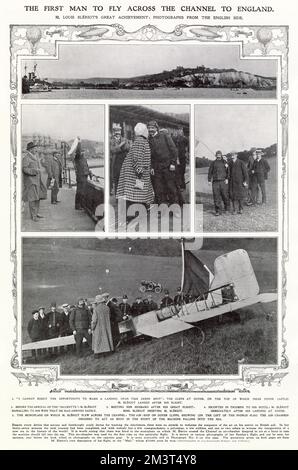 Louis Bleriot (1872 - 1936), aviatore, inventore e ingegnere francese. Diverse fotografie scattate in Inghilterra del primo volo di successo attraverso la Manica, da Calais a dover in circa quaranta minuti. Vincendo Bleriot il premio 'Daily Mail' di £1.000 e ricevendo anche la Croce della Legione d'onore. Foto Stock