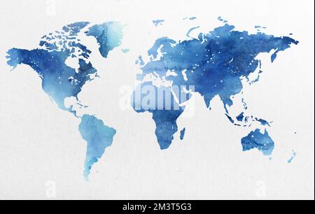 Una mappa del mondo disegnata in acquerello blu. Illustrazione di alta qualità Foto Stock