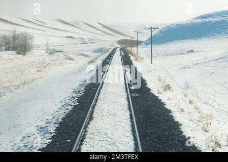 stagione invernale e viaggio in treno , tracce del treno prese dal retro del treno e foto di sfondo innevata Foto Stock