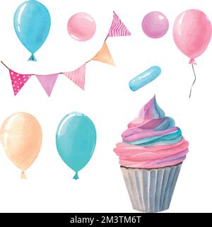 Set di elementi vettoriali per feste di compleanno in acquerello Illustrazione Vettoriale