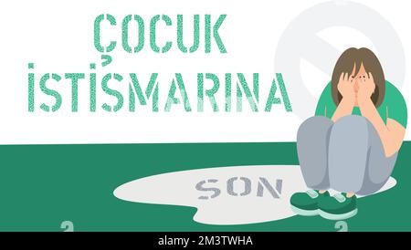 Yerde oturan üzgün Küçük kız. Cocuk istismarı, cocuklara karşı şiddet konsept tasarımı.abuso di bambini, violenza contro i bambini concept design. Illustrazione Vettoriale