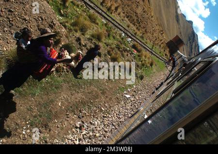 15 novembre 2006 - Puno, Perù - sul lato dei binari del treno, una donna tiene in mano un giocattolo llama fatto a mano per 'gringos' (stranieri) in viaggio su un treno del Perù ferroviario per acquistare, durante una breve sosta nel sud del Perù. Questo treno turistico porta i visitatori a Puno, la più grande città vicino al Lago Titicaca, da Cusco, il punto di partenza per molti tour alle rovine Incan di Machu Picchu. La ferrovia del Perù inoltre fa una linea da Cusco ad Aguas Calientes, che si trova alla base di Machu Picchu, rendendo più facile e veloce per i turisti vedere l'antico sito senza dover fare un'escursione di quattro giorni del "Sentiero Inca". (Credit Image: © Zac Foto Stock