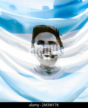 Giocatore di calcio argentino Lionel messi su panno colorato bandiera argentina Foto Stock