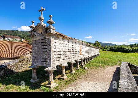 Il lungo e stretto magazzino di grano, horreo a Carnota in Galizia, Spagna. Questo horreo particolare è stato dichiarato come la più grande completa e di origine della regione Foto Stock