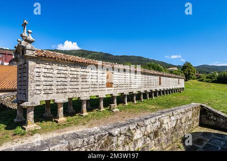 Il lungo e stretto magazzino di grano, horreo a Carnota in Galizia, Spagna. Questo horreo particolare è stato dichiarato come la più grande completa e di origine della regione Foto Stock