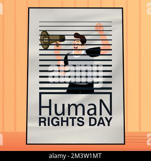 Illustrazione di persone che difendono i diritti umani con il megafono dietro la grata. Felice giornata internazionale dei diritti umani. Bandiera della giornata dei diritti umani. Illustrazione Vettoriale