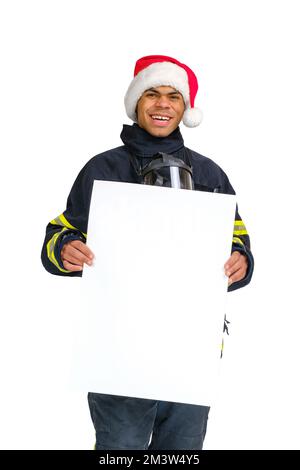 Pompieri in cappello di Santa tenendo in mano fogli di carta bianca Foto Stock