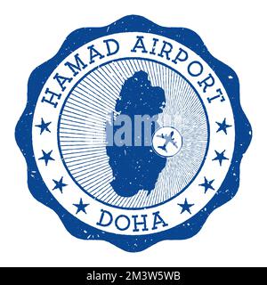 Francobollo di Doha per l'aeroporto di Hamad. Logo dell'aeroporto di Doha round con posizione sulla mappa del Qatar contrassegnata dall'aereo. Illustrazione vettoriale. Illustrazione Vettoriale