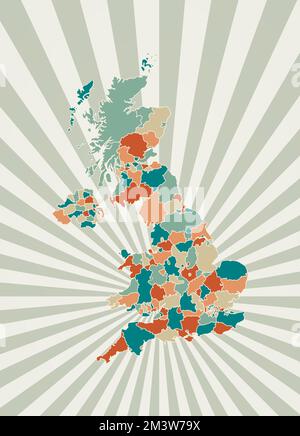 Mappa del Regno Unito. Poster con mappa del paese in tavolozza di colori retrò. Forma del Regno Unito con sfondo a raggi di sole. Illustrazione vettoriale. Illustrazione Vettoriale
