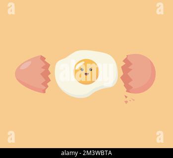 Carino disegno del carattere del cartone animato dell'uovo fritto con illustrazione del vettore del guscio incrinato isolato su fondo giallo. Felice carino sorridente divertente kawaii fritto Illustrazione Vettoriale
