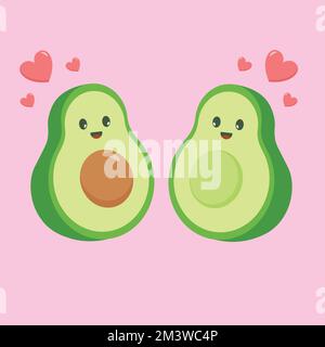 Divertente felice carino felice sorridente coppia di avocado in amore. Isolato su sfondo bianco. Illustrazione Vettoriale