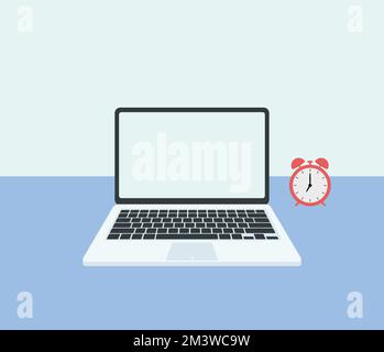 Ambiente di lavoro moderno per ufficio. Schermo piatto: Scrivania da ufficio con computer portatile e sveglia Illustrazione Vettoriale