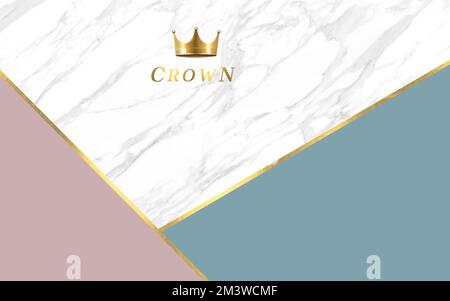 Moderno e semplice parete di fondo in marmo geometrico rosa e blu, disegno astratto a corona dorata. Foto Stock