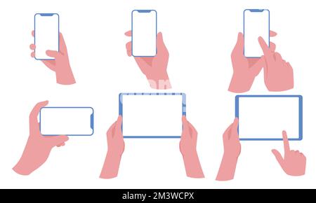 Set di impugnare lo smartphone verticalmente con illustrazione vettoriale a schermo vuoto. Telefono con schermo vuoto, mockup del telefono, elementi di design dell'interfaccia dell'app Illustrazione Vettoriale