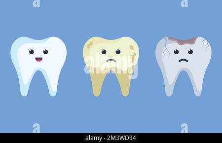 Carino cartone animato sano bianco denti felici e giallo rovinato triste dente con volti sorridenti. Illustrazione vettoriale del concetto di elementi infografici dentali in Fla Illustrazione Vettoriale