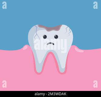 Triste doloroso danneggiato dente oscurato con buco, carie, decadimento, cavità. Toothache Cartoon concetto di carattere Vector Illustration. Carie carie carine denti caratteristiche Illustrazione Vettoriale
