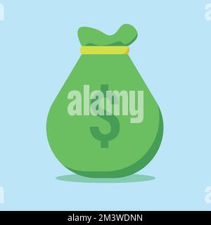 Bussiness e finanza illustrazione borsa di soldi con monete di denaro isolato su sfondo blu Illustrazione Vettoriale