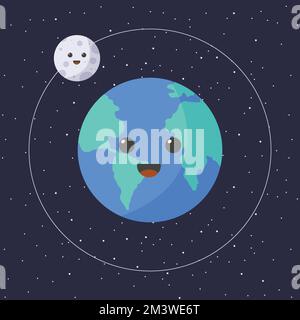 Cartoon illustrazione di terra e luna con volto felice. Carino cartone animato kawaii luna e pianeta terra in stile piatto vettore illustrazione Illustrazione Vettoriale