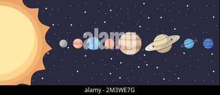 Set di pianeti del sistema solare cartoon. Educazione dei bambini. Illustrazione vettoriale dei pianeti del sistema solare cartoon in ordine dal sole. infografica illu Illustrazione Vettoriale