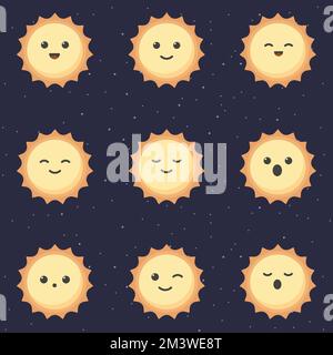 Carino personaggio cartone animato di sole. Set di graziosi pianeti cartoni animati con emozioni diverse. Illustrazione vettoriale Illustrazione Vettoriale