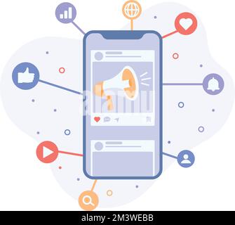 Concetto di marketing digitale e mobile marketing. Social media strategia di marketing e promozione aziendale Illustrazione Vettoriale