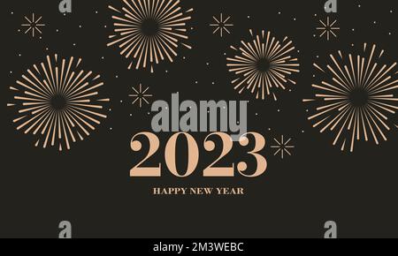 Felice anno nuovo 2023. Elegante fuochi d'artificio vettore illustrazione sfondo . Concetto per l'arredamento delle vacanze, scheda, poster, banner, volantino Illustrazione Vettoriale