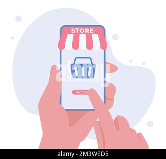 Negozio online con concetto mobile. Tenere lo smartphone in mano con il negozio online. Commercio in linea di shopping e commercio elettronico di affari Illustrazione Vettoriale