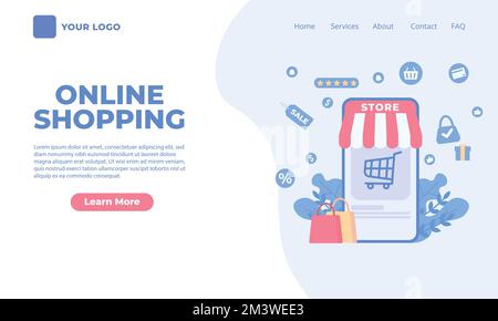 Modello di landing page per gli acquisti online. Illustrazioni del concetto di shopping online sull'applicazione mobile. Illustrazione Vettoriale