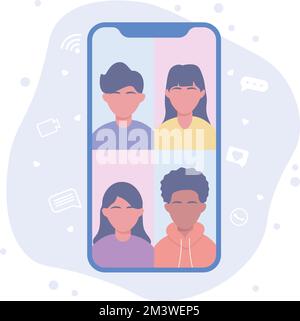 Gruppo di persone che parlano insieme durante una chiamata telefonica tramite l'app per videoconferenza. Videochattare con gli amici sullo schermo del telefono. Concetto di conferenza sul lavoro, apprendimento a distanza Illustrazione Vettoriale