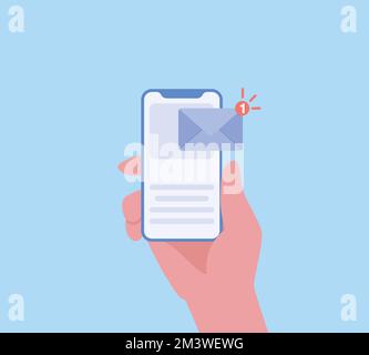 Notifica e-mail non letta sullo schermo del telefono. Tenere lo smartphone in mano con il social network e-mail. Illustrazione del concetto di notifica tramite posta elettronica Illustrazione Vettoriale