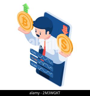 Flat 3D Isometrica imprenditore o Trader Holding Bitcoin e Dollar Coin. Concetto di piattaforma di scambio della criptovaluta. Illustrazione Vettoriale