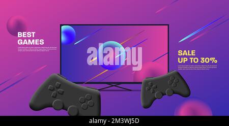 Console di gioco con gamepad e grande schermo in astratto sfondo spazio Illustrazione Vettoriale