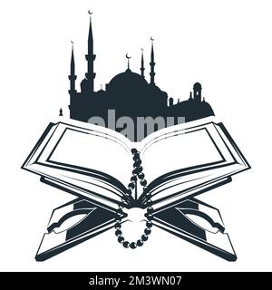 Quran su tavola di legno e silhouette di costruzione moschea, koran aperto e perline di preghiera, vettore Illustrazione Vettoriale