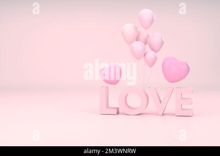 3D. Amore rosa, palloncini e cuore con sfondo rosa. Il concetto di San Valentino. Foto Stock