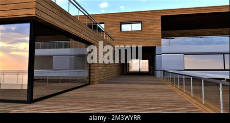 Porta di vetro alla fine della terrazza. Pianale come copertura. facciata in legno. Accogliente cortile di una notevole tenuta di campagna. rendering 3d. Foto Stock