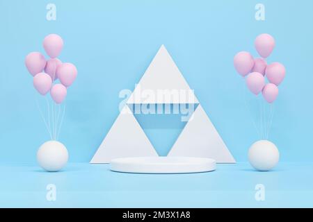 3D. Podio circolare, palloncini e sfondo triangolare. Foto Stock