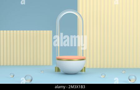 3D. Podio semicircolare per esporre i prodotti sotto l'arco su sfondo blu e la palla a terra. Foto Stock