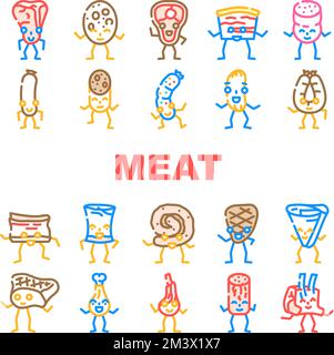 carattere di carne cibo pasto icone set vettore Illustrazione Vettoriale