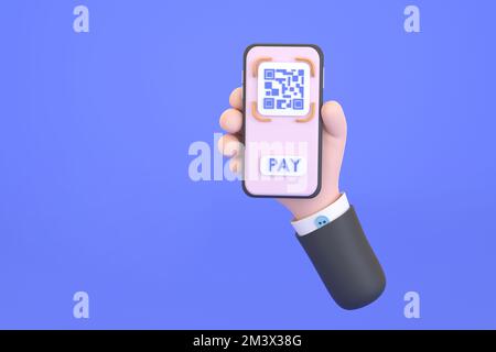3D. Icona di scansione del codice QR nello smartphone. Mano che tiene il telefono cellulare, scanner di codici a barre per pagare. Foto Stock