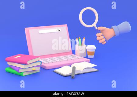 3D. tenere la mano con lente di ingrandimento e prepararsi a studiare il laptop per ottenere informazioni didattiche Foto Stock