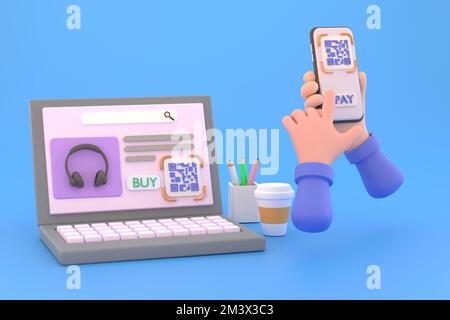 3D. Smartphone a mano per effettuare il pagamento tramite il portafoglio elettronico tramite la scansione del codice QR della fattura digitale dallo schermo del computer. Foto Stock