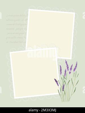 Modello di collage vintage per album fotografici, promemoria, social media, note, elenco attività. Scrapbooking, acquerello di lavanda, pizzo. Illustrazione vettoriale Illustrazione Vettoriale